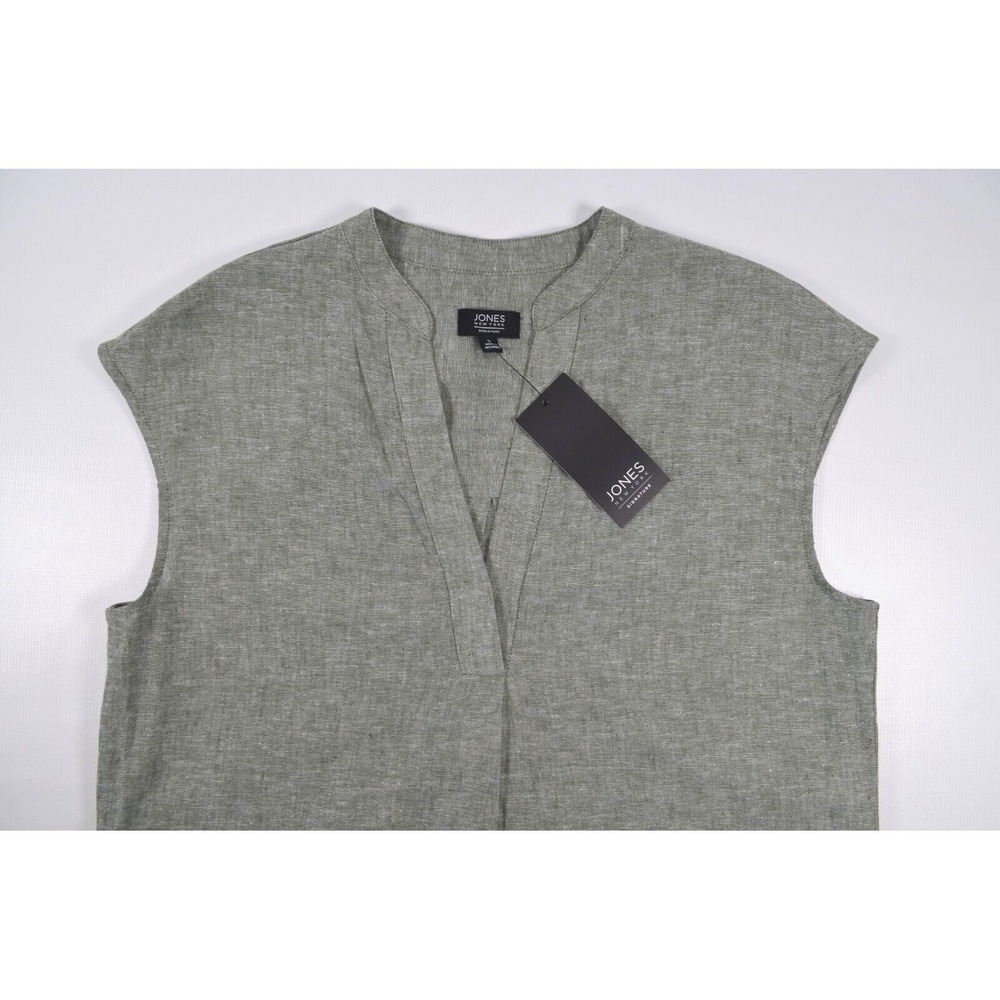 JONES NEW YORK Womens Small Sleeveless Green Shirt Tank Top V-Neck Linen Viscose